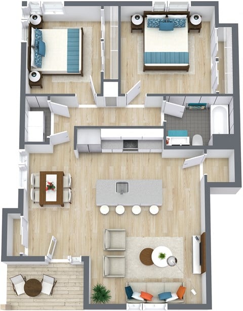 Floor plan for 2 beds, 1 bath, 948 sqft